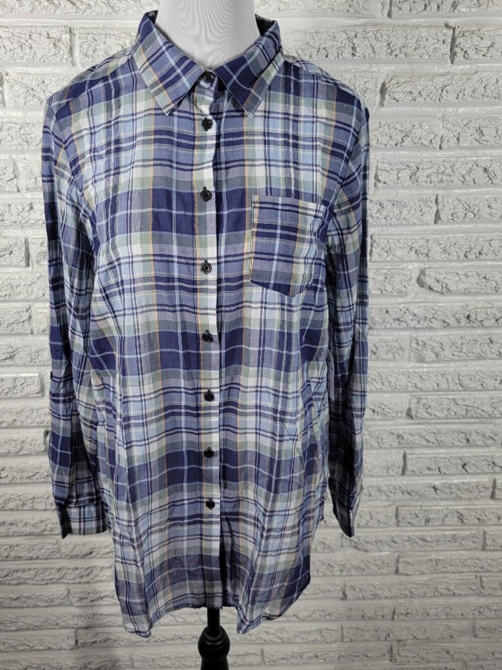 Westport Womens 1X Plus Size Button Up Shirt Blue Plaid Roll Tab Sleeve‎ PLA64E